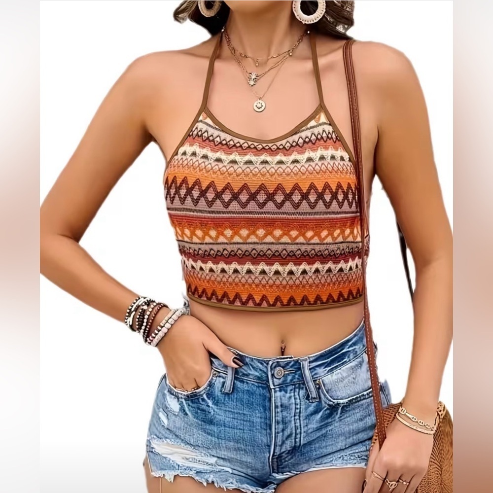 Boho Desert Sunset Halter Crop Top Festival Geometric Knit Hippie Gypsy Medium